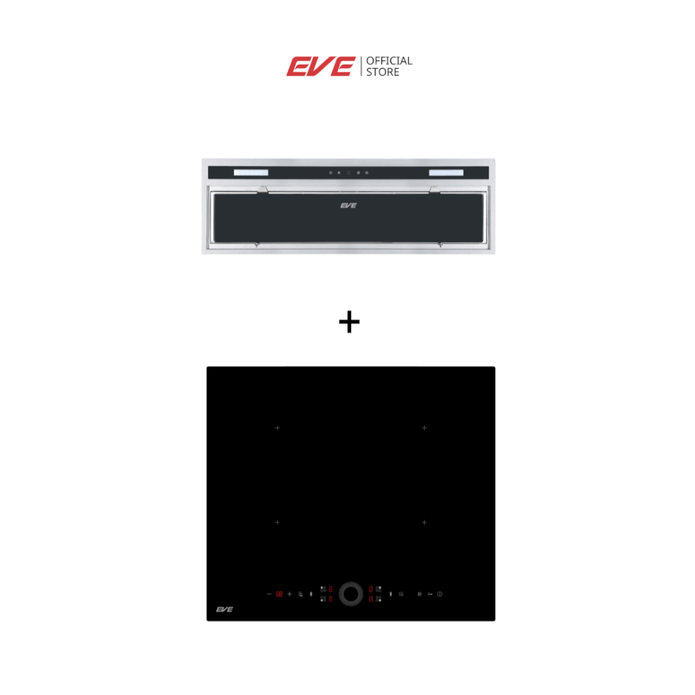 ชุดเซต เตาฝังแม่เหล็กไฟฟ้า 4 หัว + เครื่องดูดควันแบบฝัง EVE รุ่น HB60-4INDBRIDGE/TCR + HBI-SKYLINE-75 BLACK สีดำ เตาขนาด 60 เซนติเมตร เครื่องดูดควันขนาด 75 เซนติเมตร